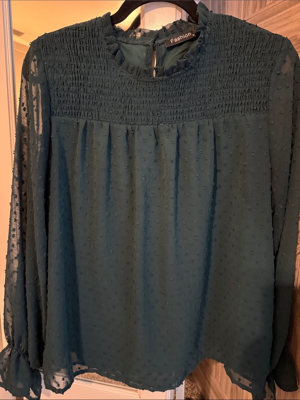 Dark Emerald Green Swiss Dot Smocked Blouse Sheer Sleeve Top M⁠